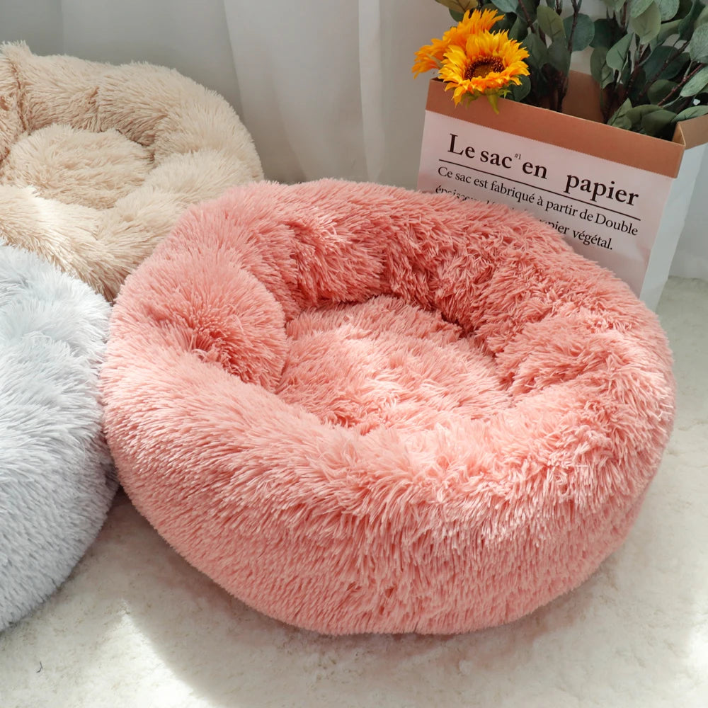 Fluffy Calming Donut Dog Bed – Round Long-Plush Bed for Small, Medium & Large Dogs