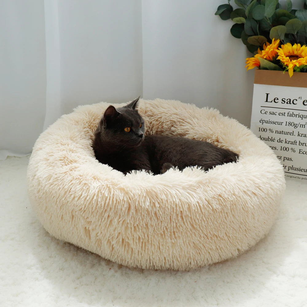 Fluffy Calming Donut Dog Bed – Round Long-Plush Bed for Small, Medium & Large Dogs