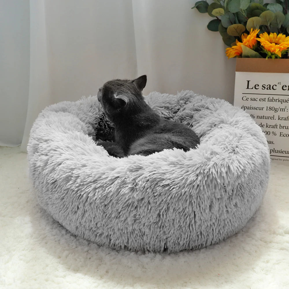 Fluffy Calming Donut Dog Bed – Round Long-Plush Bed for Small, Medium & Large Dogs