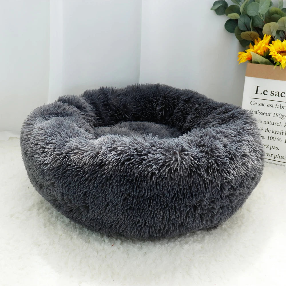 Fluffy Calming Donut Dog Bed – Round Long-Plush Bed for Small, Medium & Large Dogs