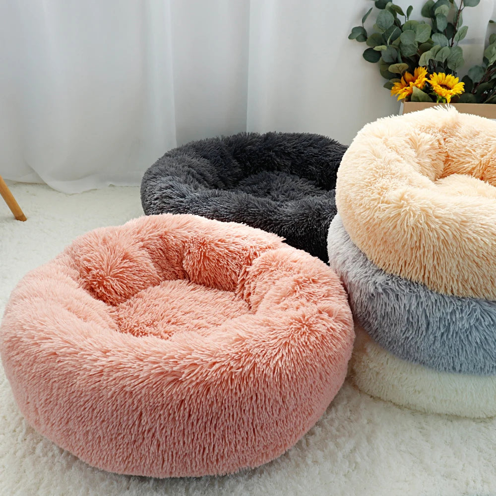 Fluffy Calming Donut Dog Bed – Round Long-Plush Bed for Small, Medium & Large Dogs