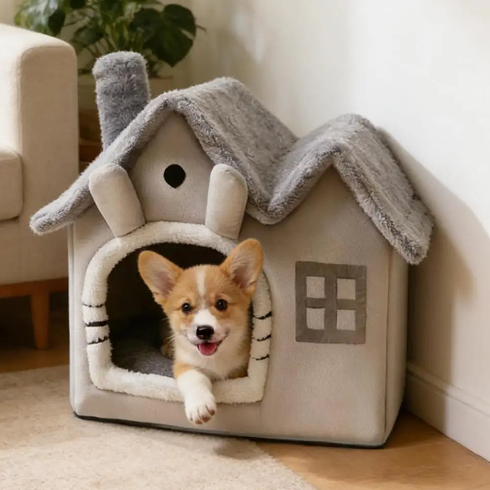 Foldable Warm Dog House – Cosy Enclosed Bed with Waterproof Base for Small Dogs & Cats