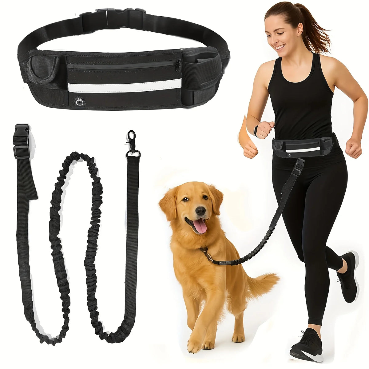 Hands-Free Bungee Dog Leash with Zip Waist Bag – For Running, Jogging & Walking