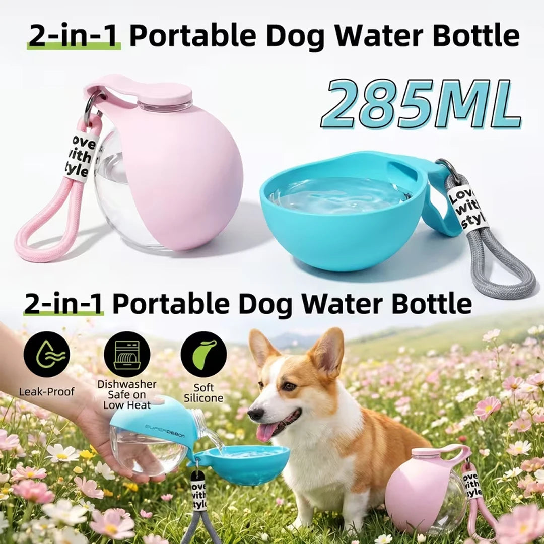 2-in-1 Portable Dog Water Bottle with Bowl – Leak-Proof, No-Spill for Walks & Hikes