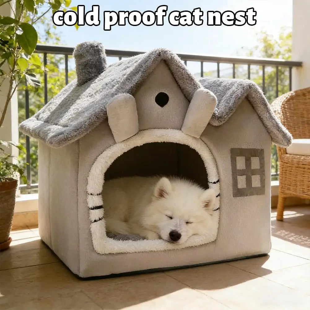 Foldable Warm Dog House – Cosy Enclosed Bed with Waterproof Base for Small Dogs & Cats