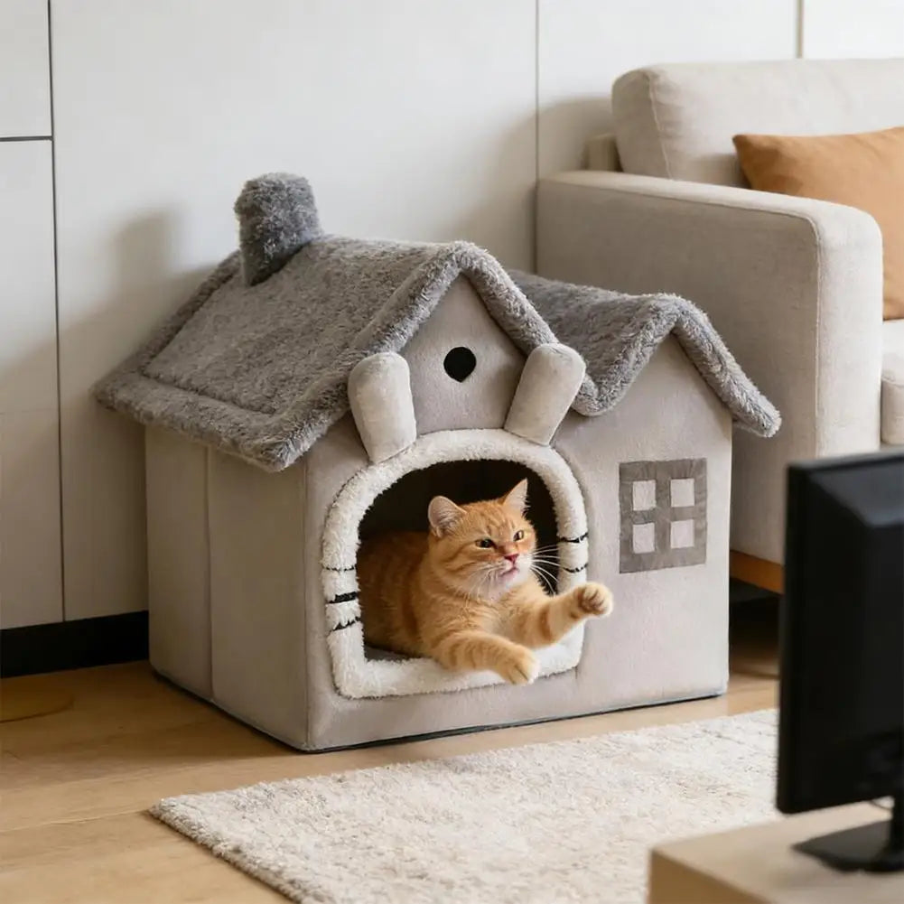 Foldable Warm Dog House – Cosy Enclosed Bed with Waterproof Base for Small Dogs & Cats