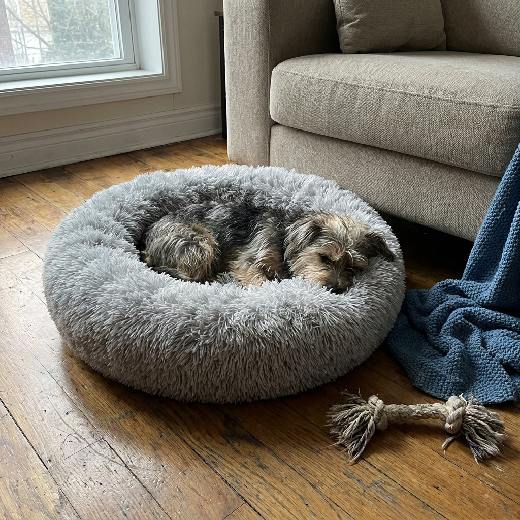 Small dog sleeping in a fluffy donut dog bed in a living room