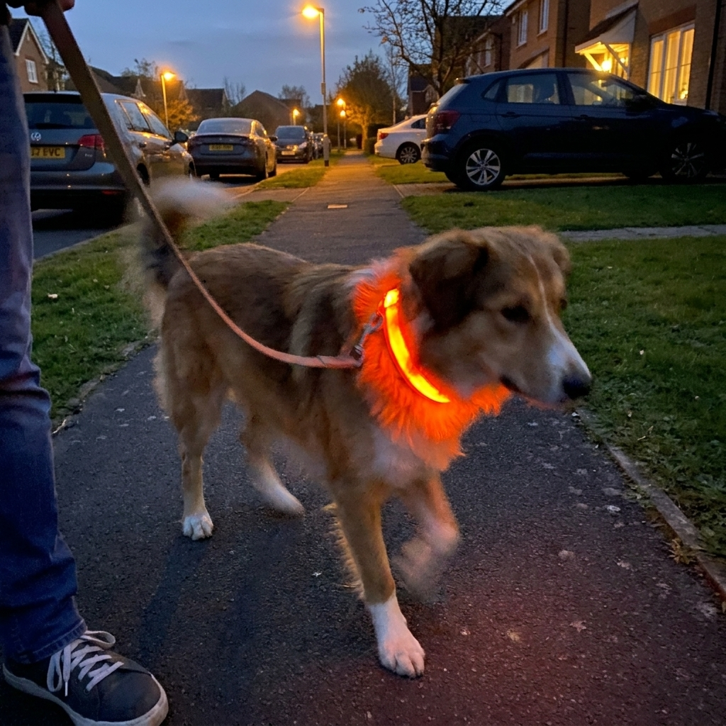 Dog wearing a glowing LED collar on an evening walk