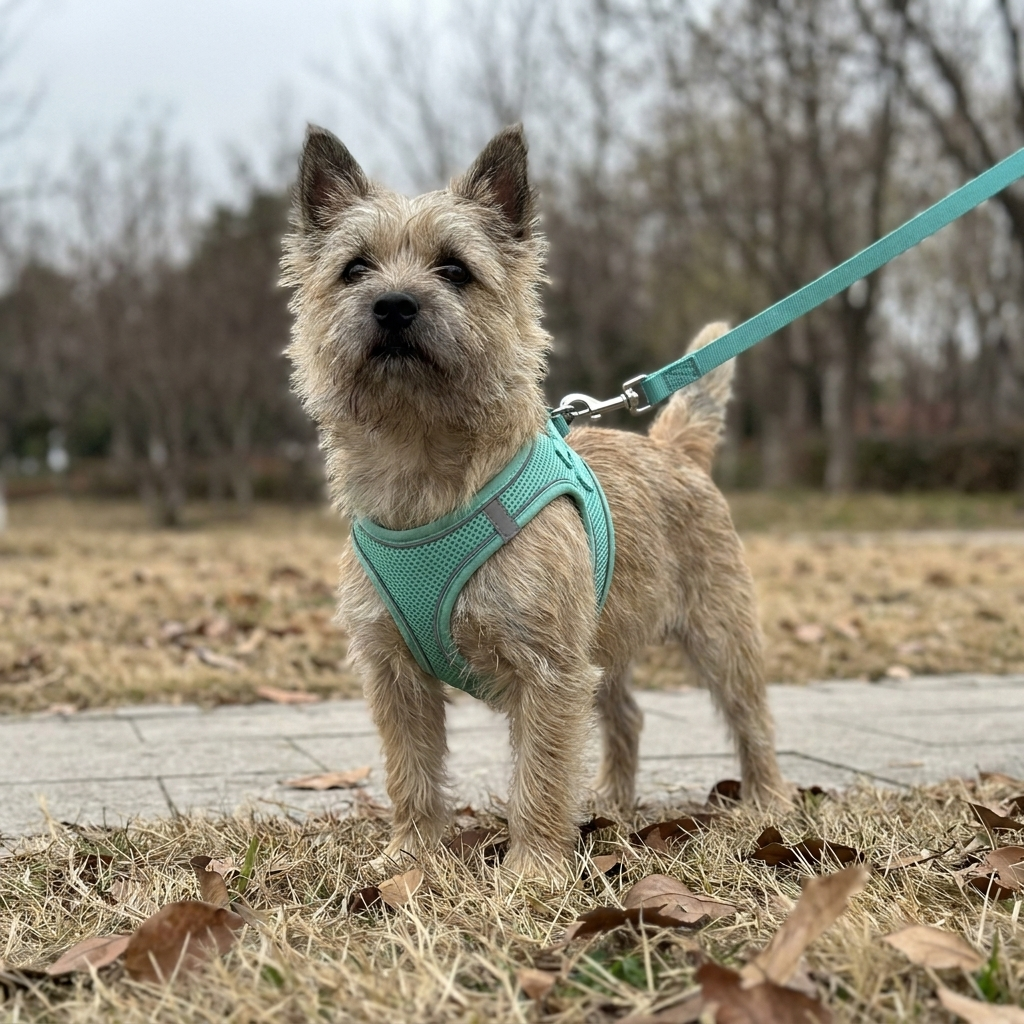 Small dog wearing a reflective mesh harness in the park