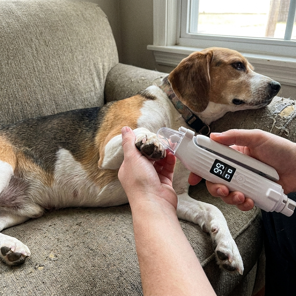 Trimming a dog's nails with an electric grinder