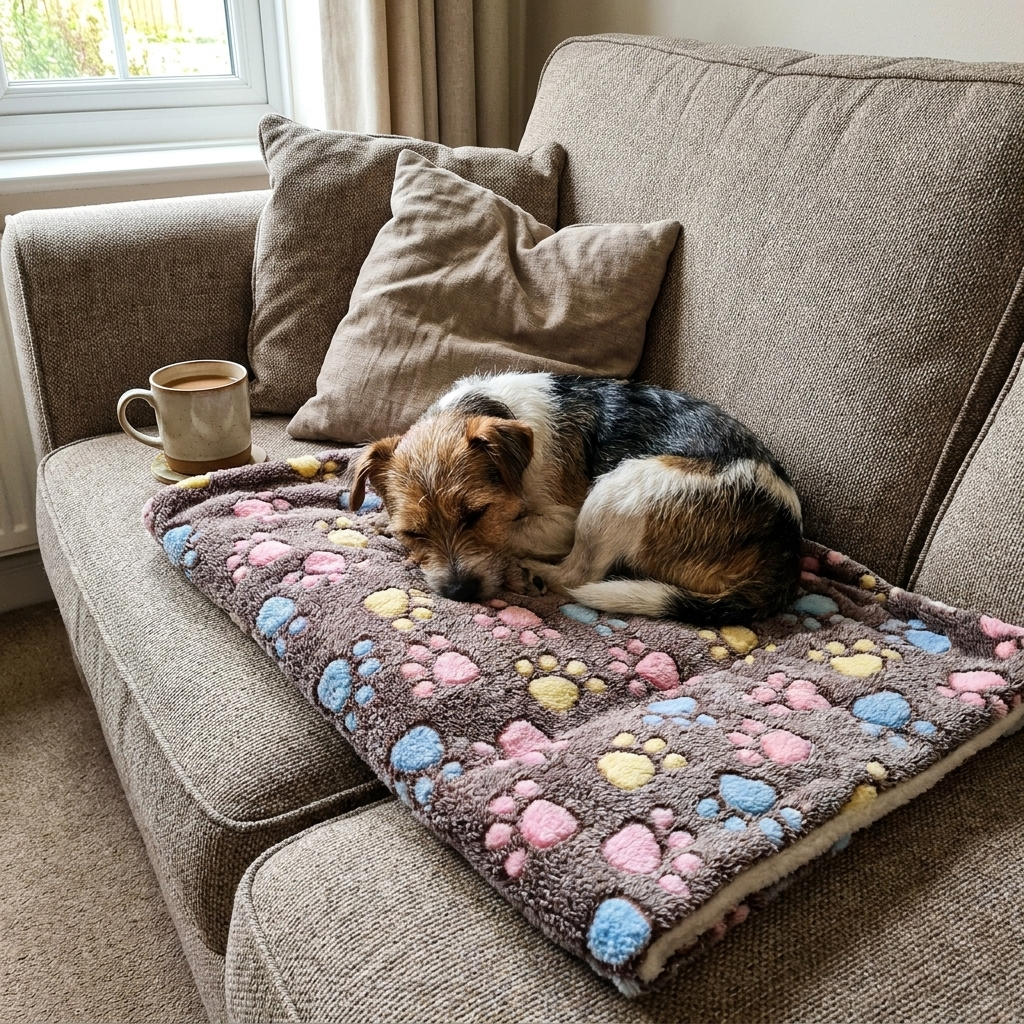 Small dog on a soft flannel blanket on the sofa