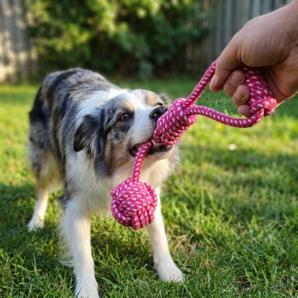 Dog playing tug with a rope toy