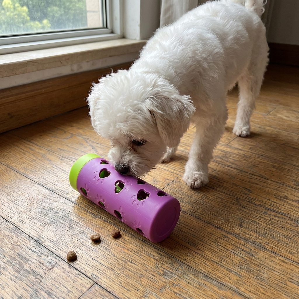Dog playing with a slow feeder treat ball
