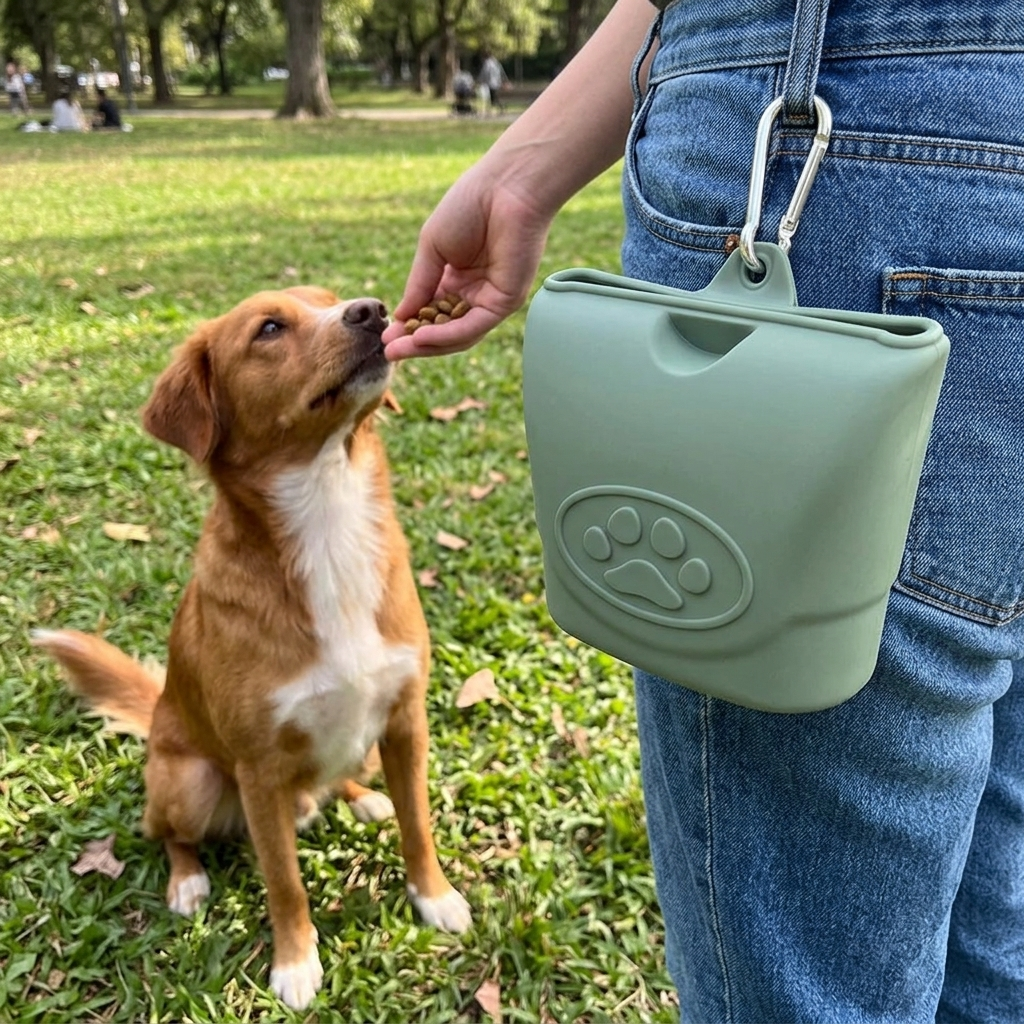 Treat pouch clipped on while training a dog