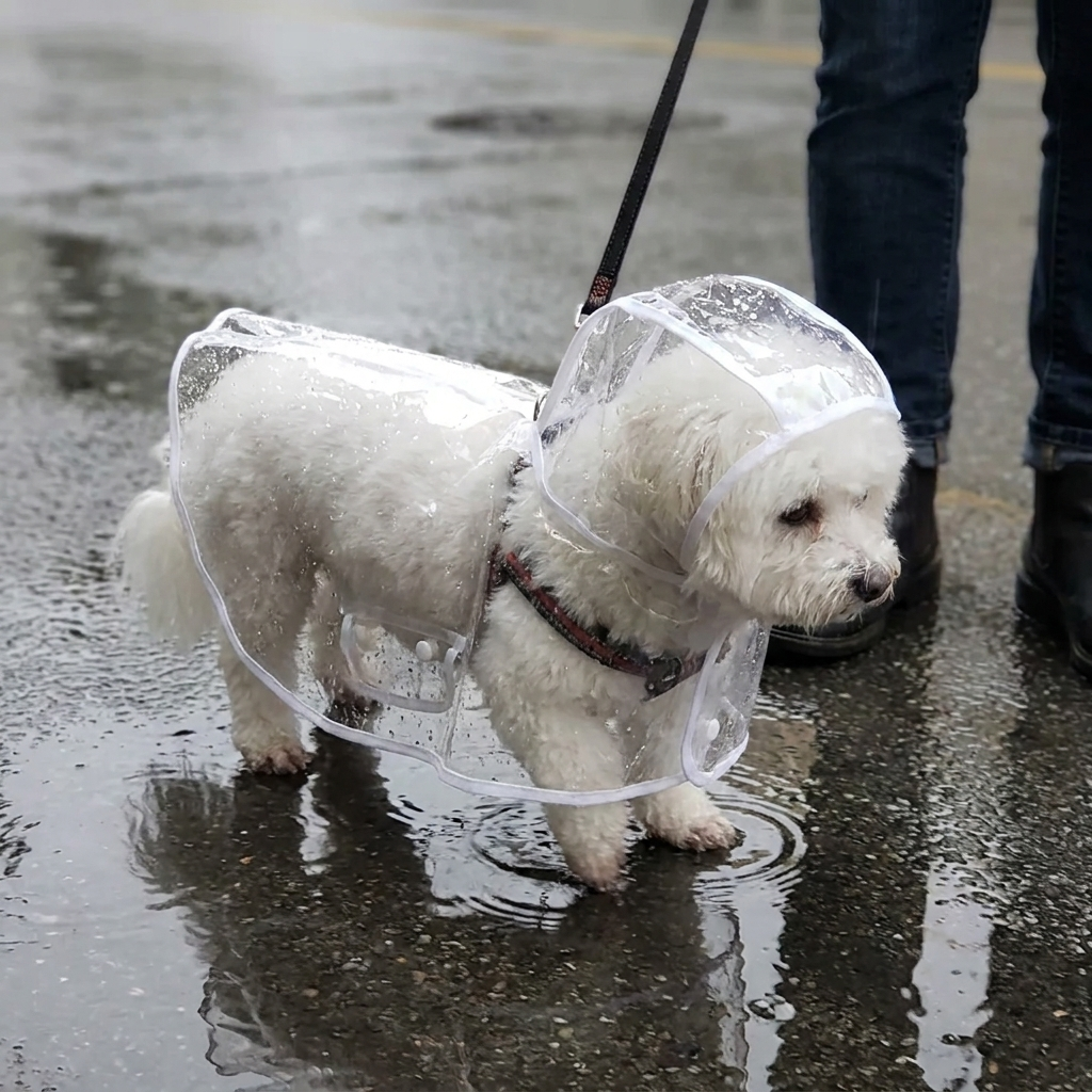 Small dog in a clear raincoat on a rainy walk