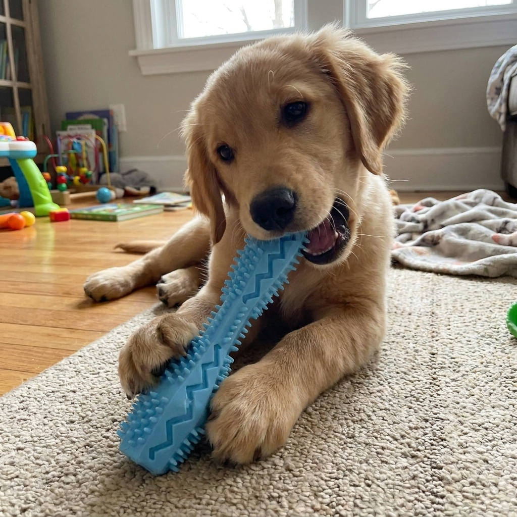 Puppy chewing a teething chew stick