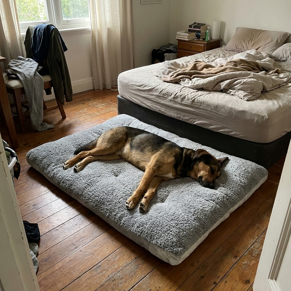 Dog sleeping on a plush bed mat