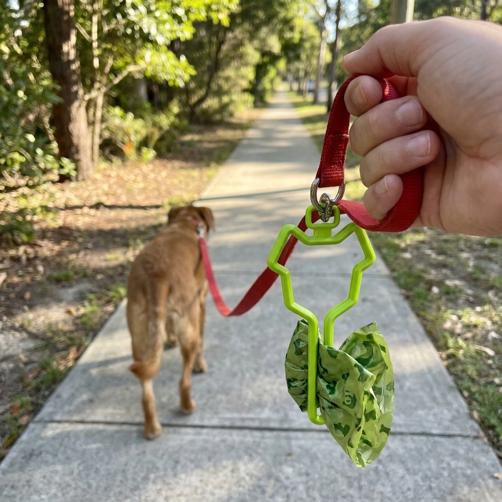 Poop bag dispenser clipped on a dog leash