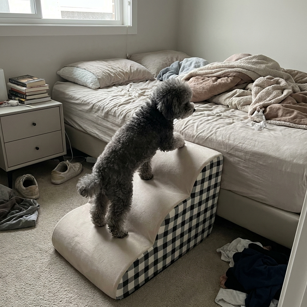Small dog climbing foam pet stairs to the bed