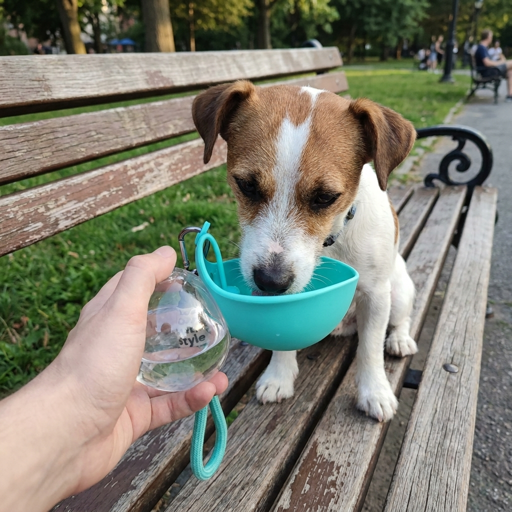 Dog drinking from a 2-in-1 portable water bottle
