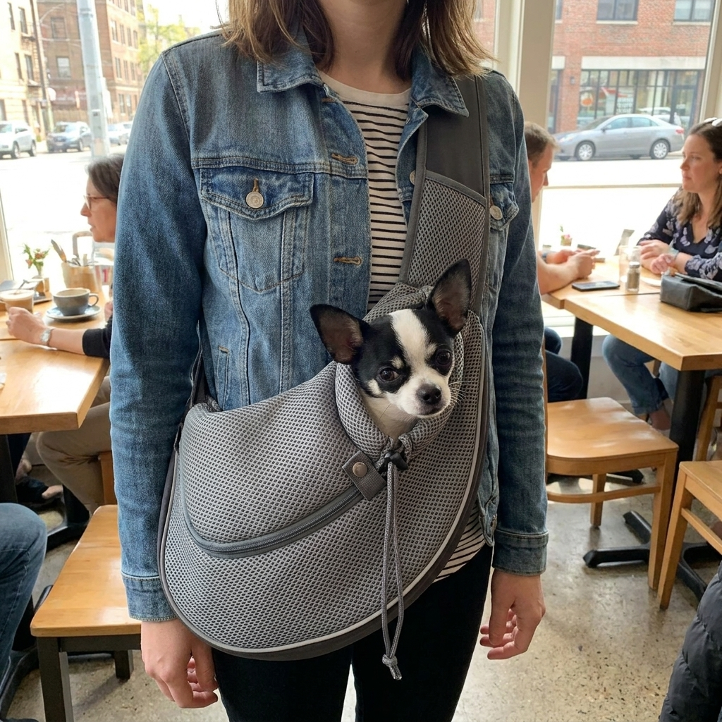 Small dog in a mesh sling carrier