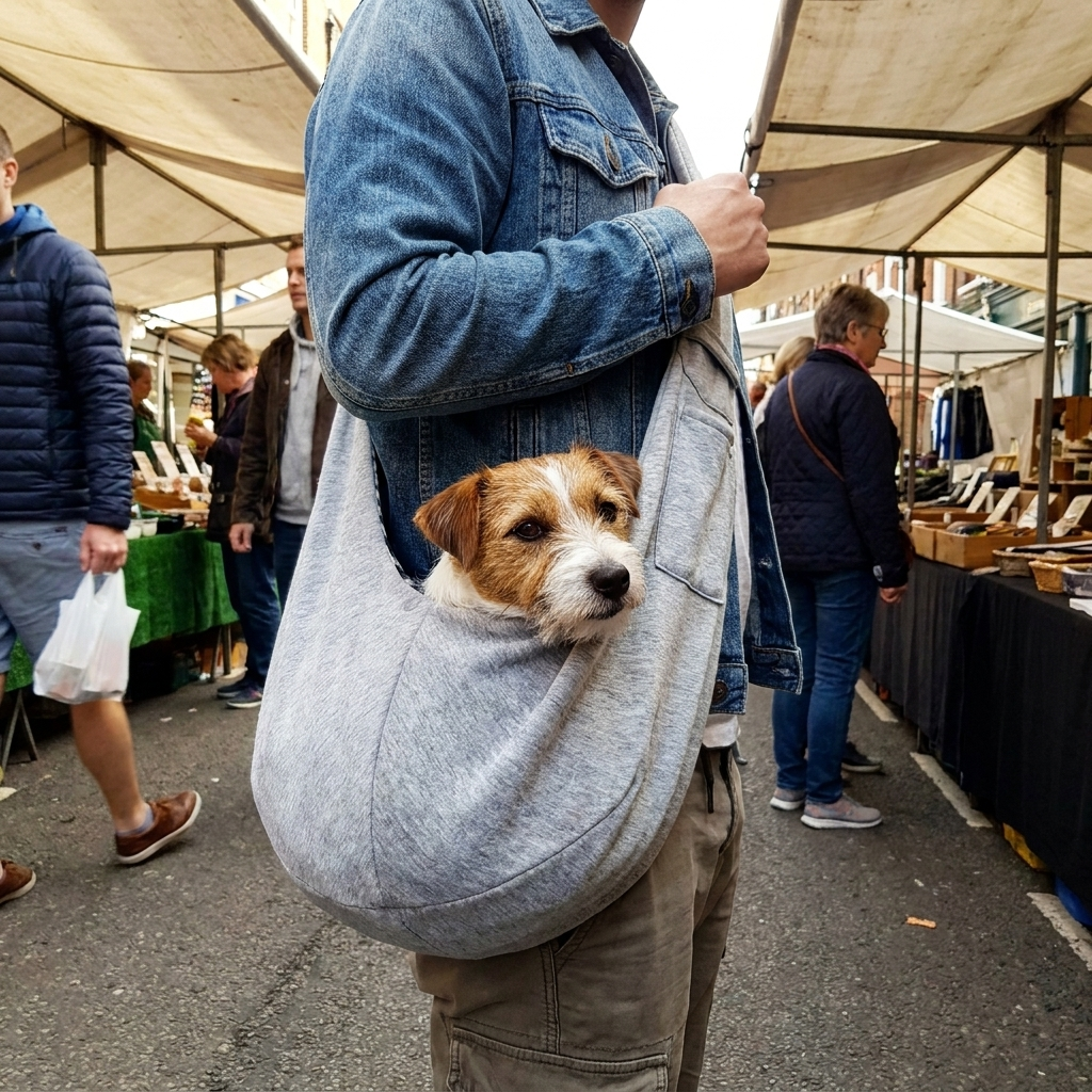 Small dog in a cotton sling bag
