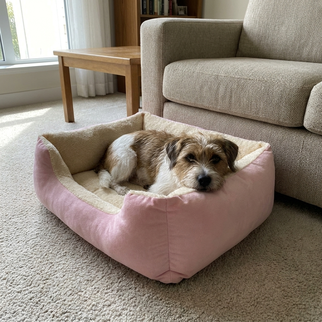 Dog resting in a plush basket bed