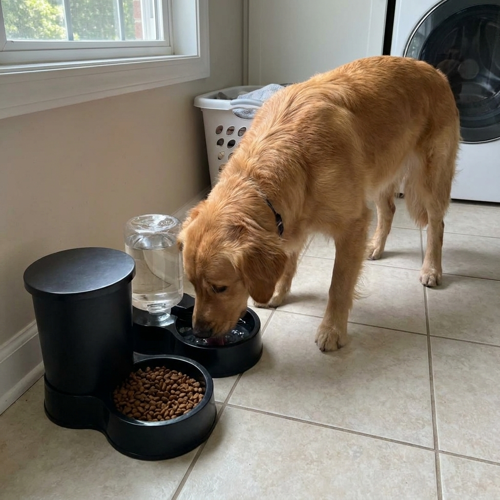 Dog drinking from a gravity water dispenser