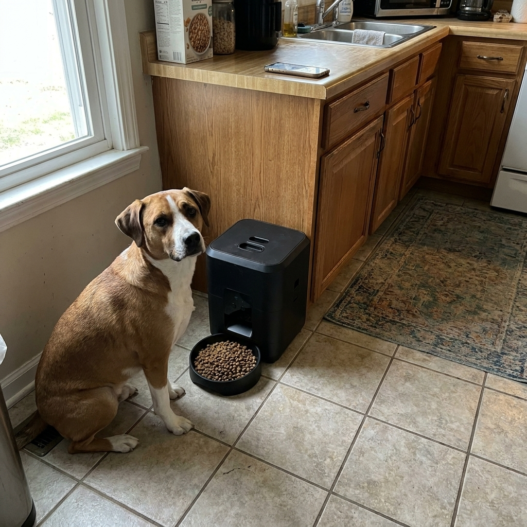 Dog waiting by a smart automatic feeder