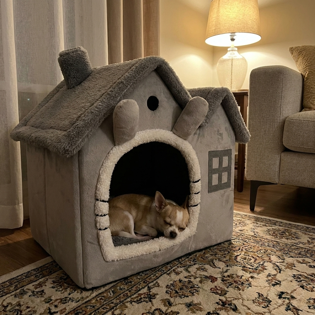 Tiny dog resting in a foldable warm dog house