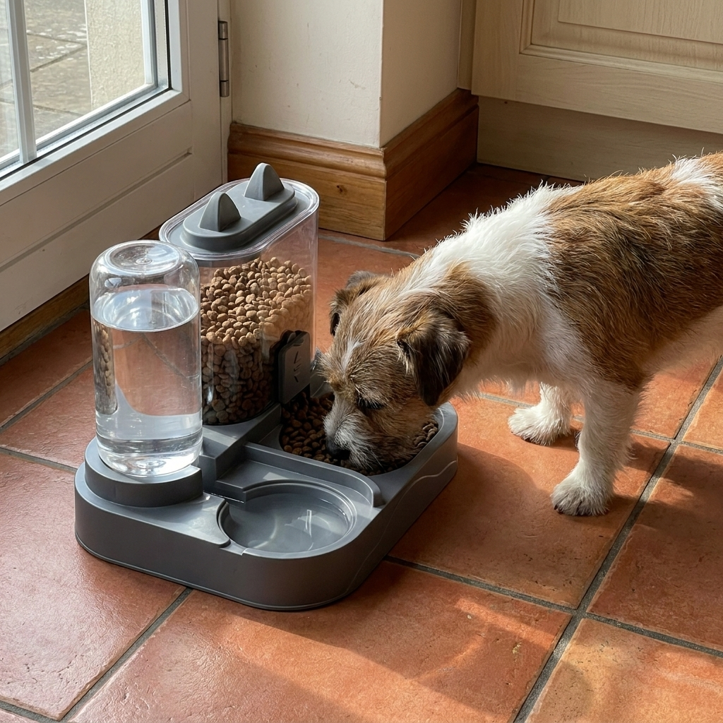 Small dog eating from a gravity feeder