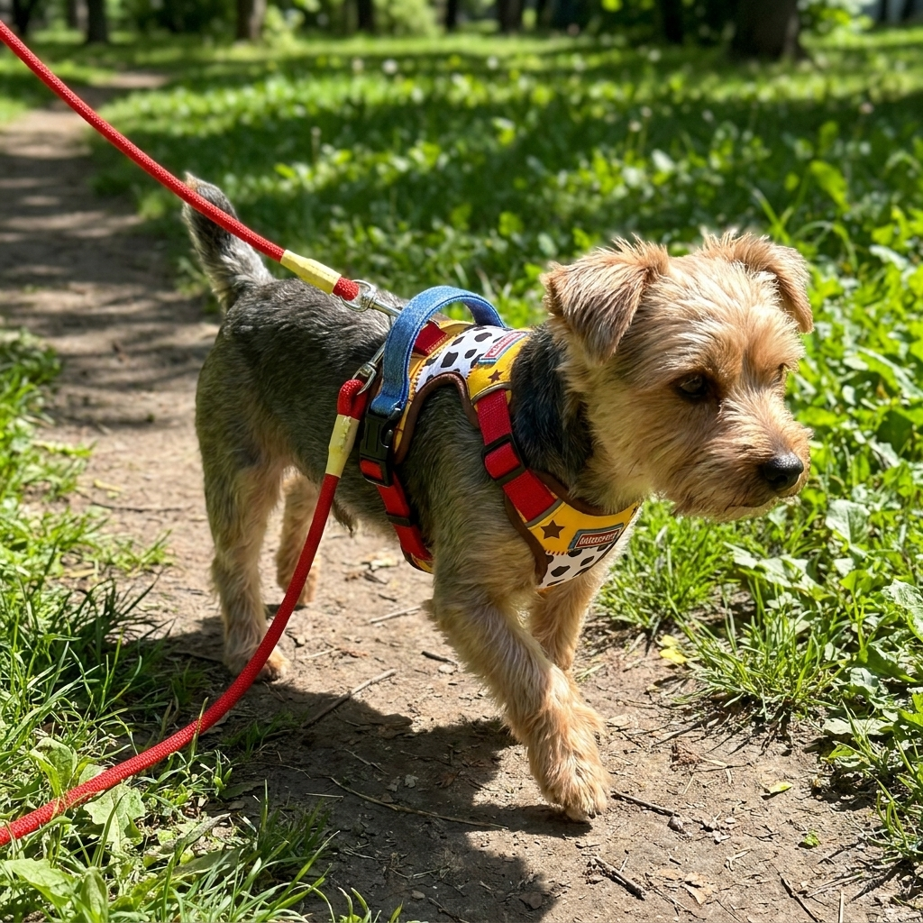 Small dog wearing a padded reflective harness