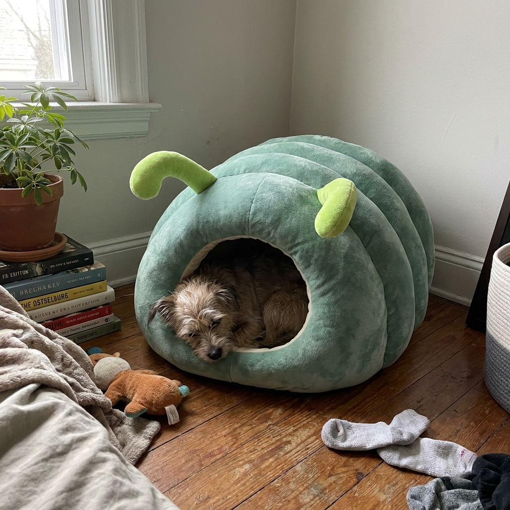 Small dog curled up in a semi-enclosed cave bed