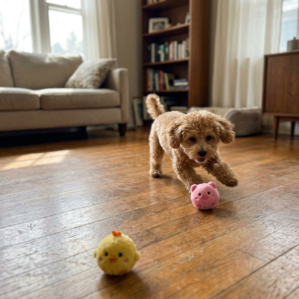 Small dog chasing a squeaky bouncing ball