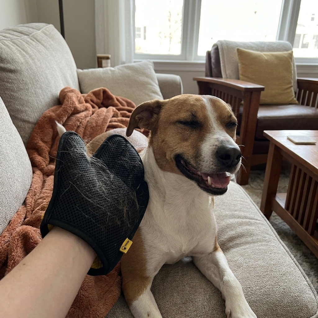 Grooming a dog with a pet hair remover glove
