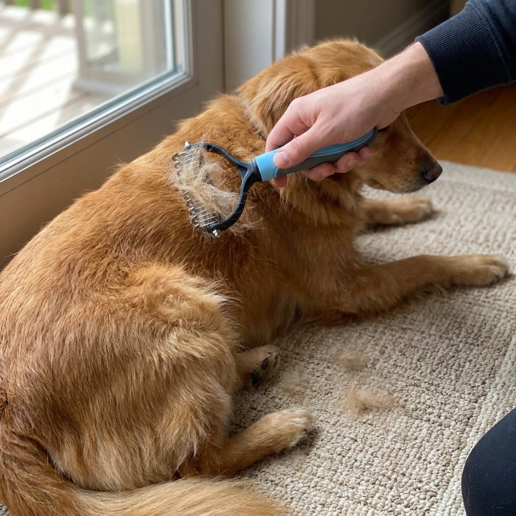Brushing a dog with a stainless steel deshedding brush