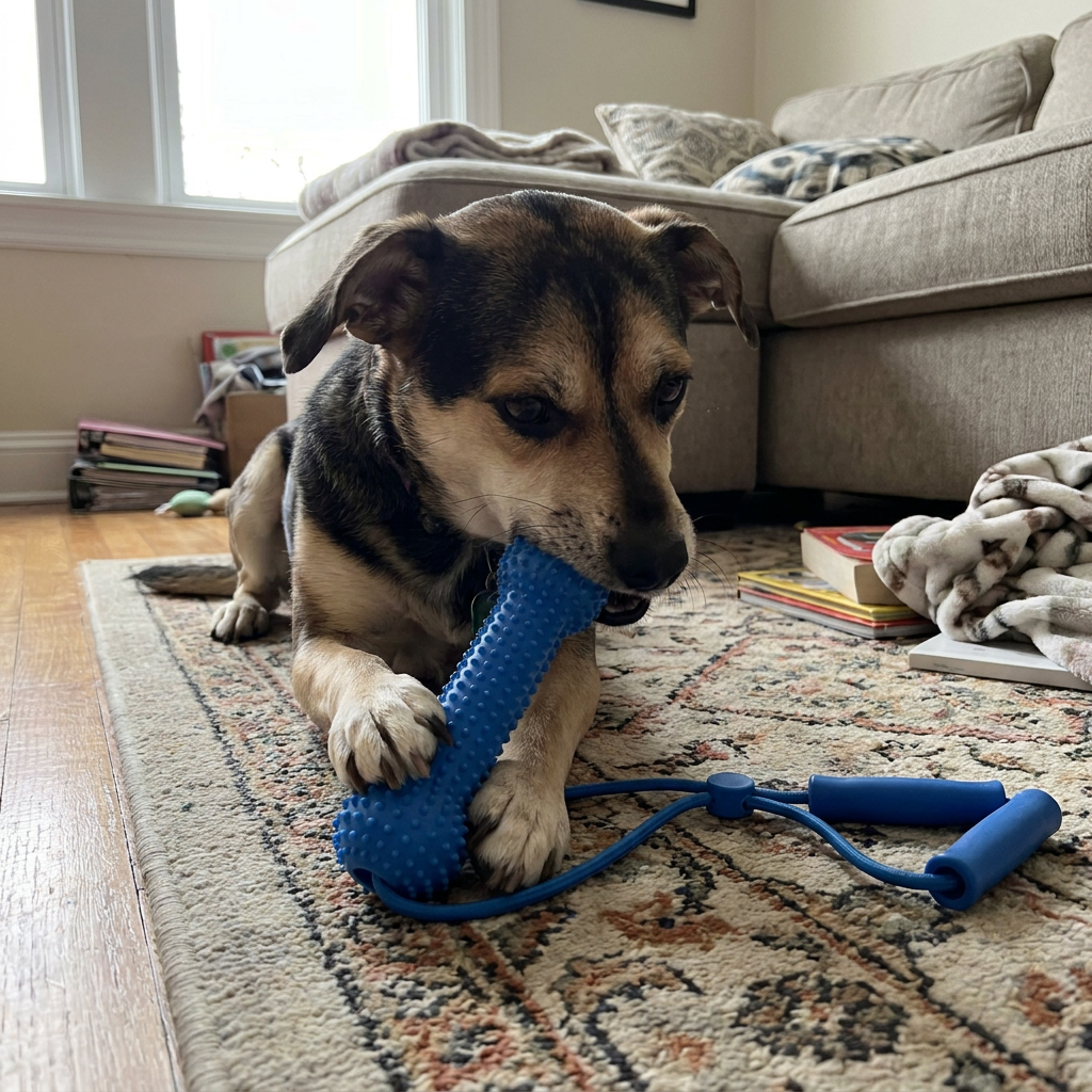 Small dog chewing a dental chew toy
