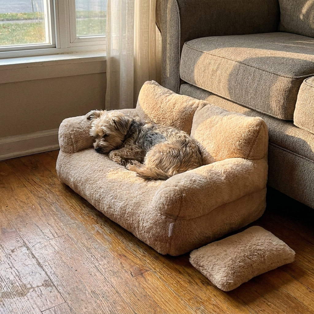 Small dog napping in a fluffy pet sofa bed