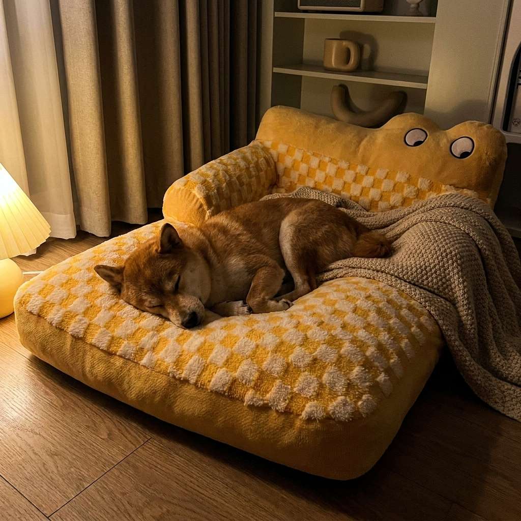 Dog snuggled in a warm plush sofa bed