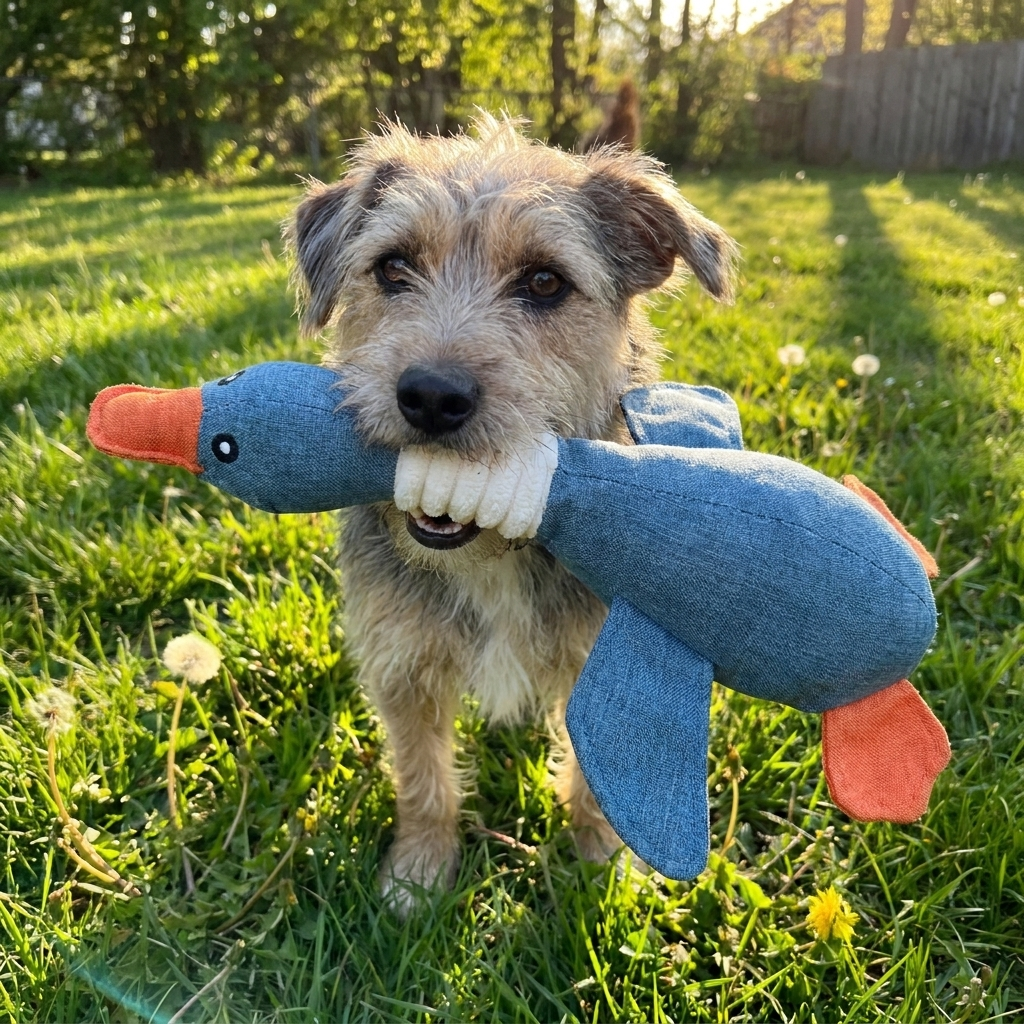 Dog playing with a squeaky goose chew toy