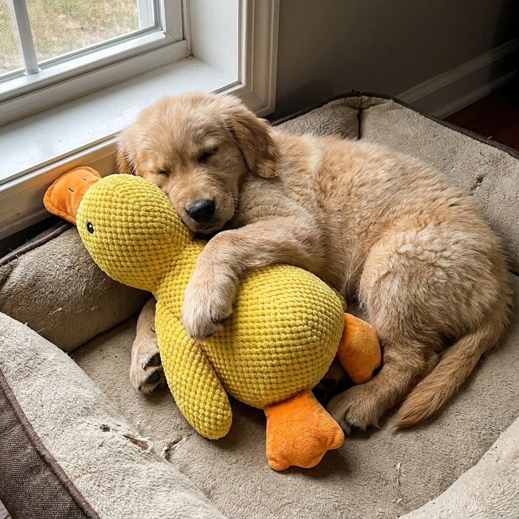 Puppy asleep with a plush duck toy