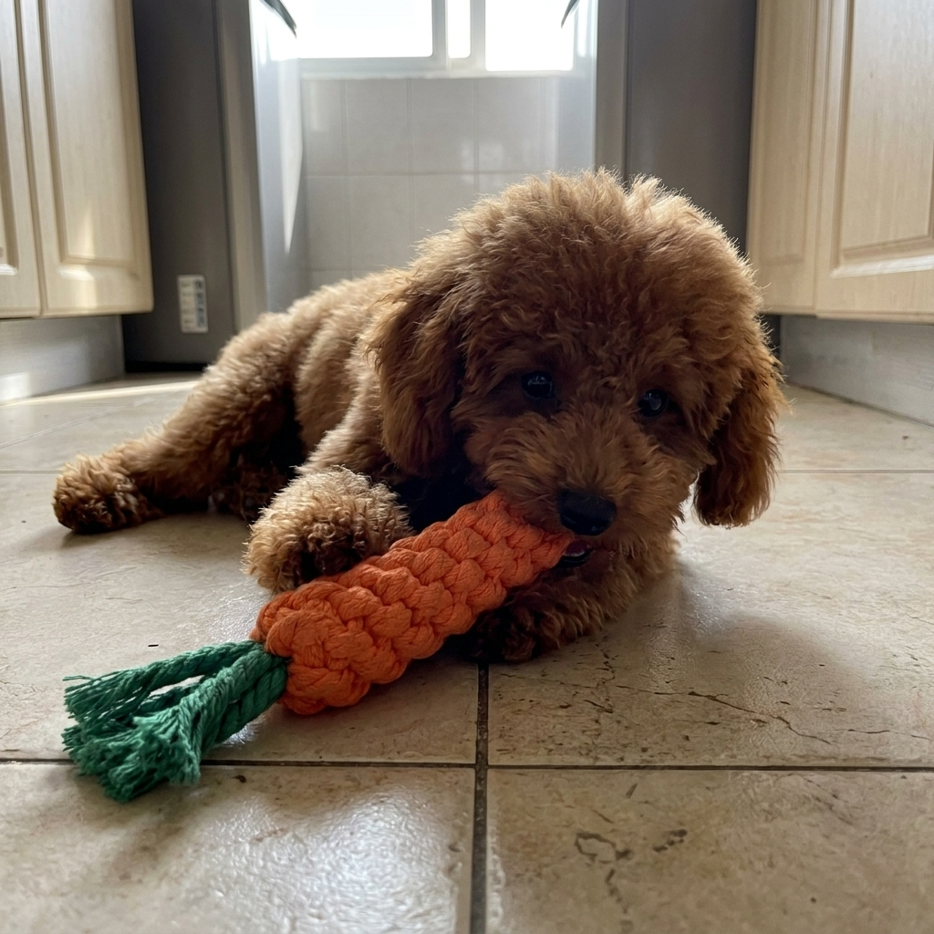 Puppy chewing a cotton rope carrot toy