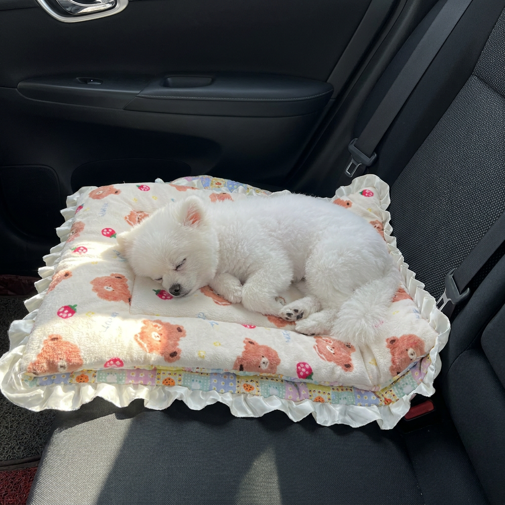 Dog sleeping on a reversible pet mat in the car